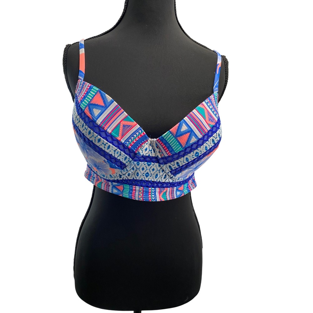 OP Bikini Top Womens Large Blue Pink Geometric Tribal Longline Underwire Push Up